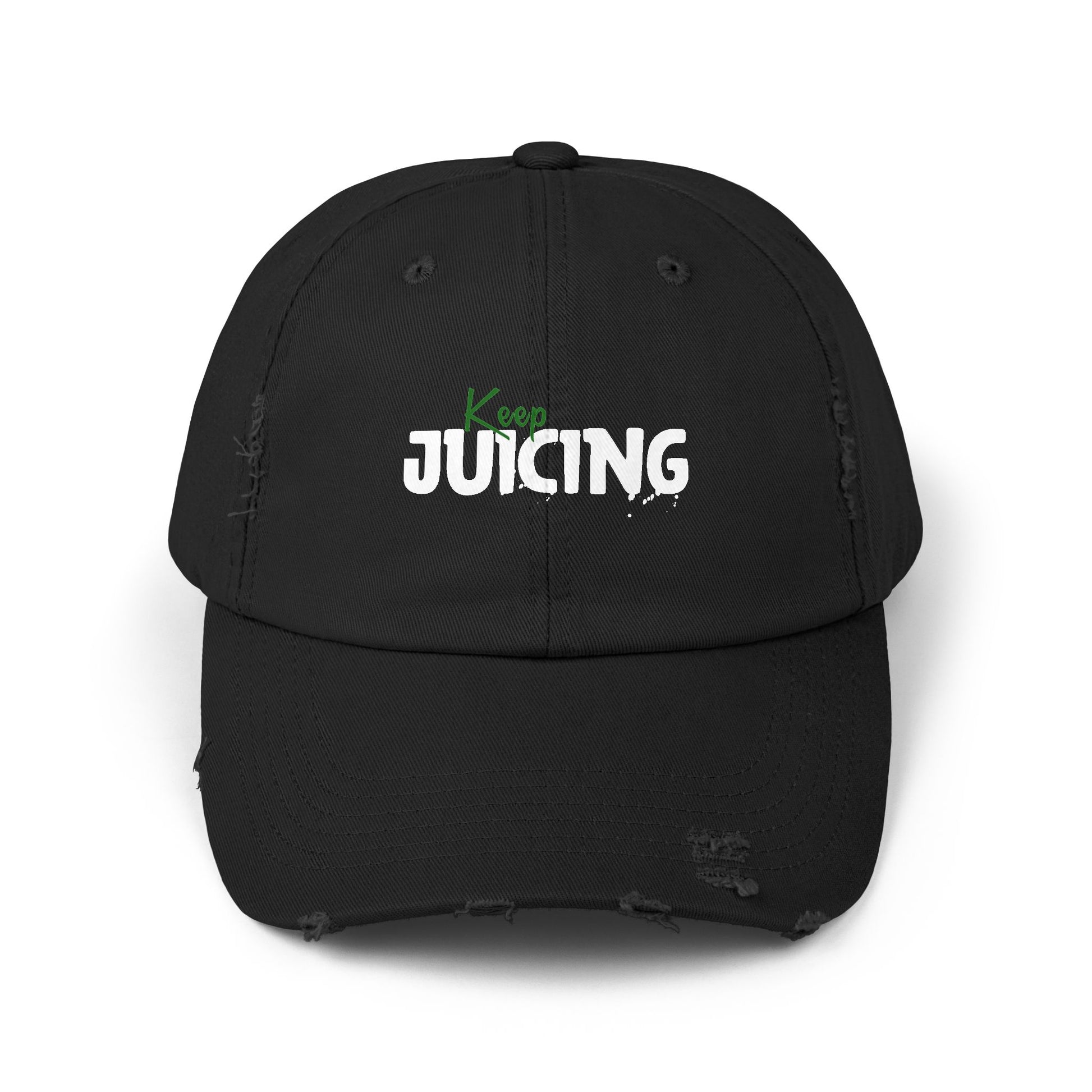 Black cap with 'Keep Juicing' text on a white background