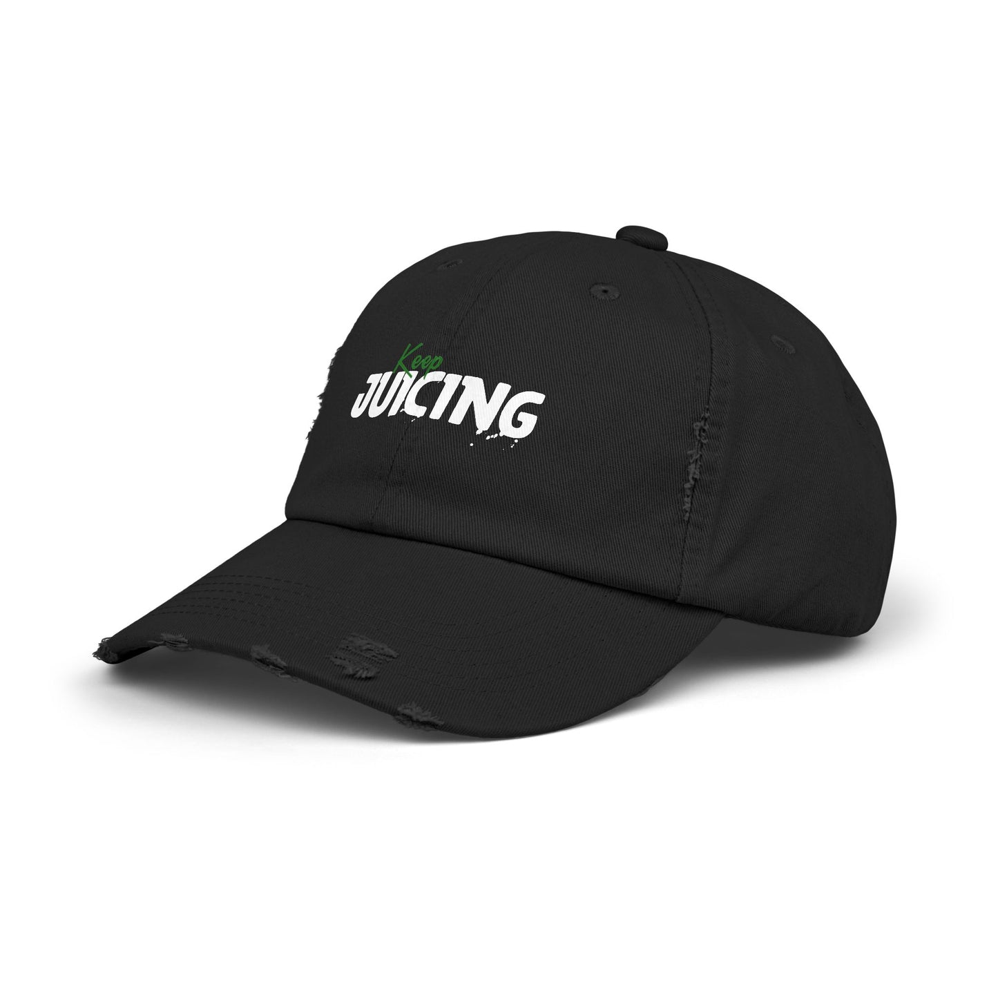 Black cap with white and green text on a white background
