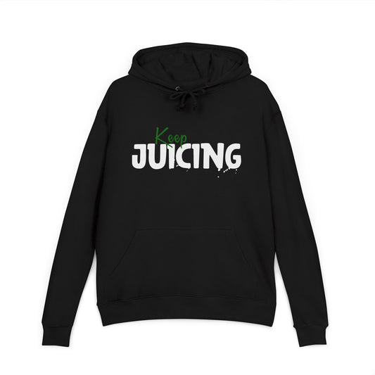 Black hoodie with 'Keep Juicing' text on a white background