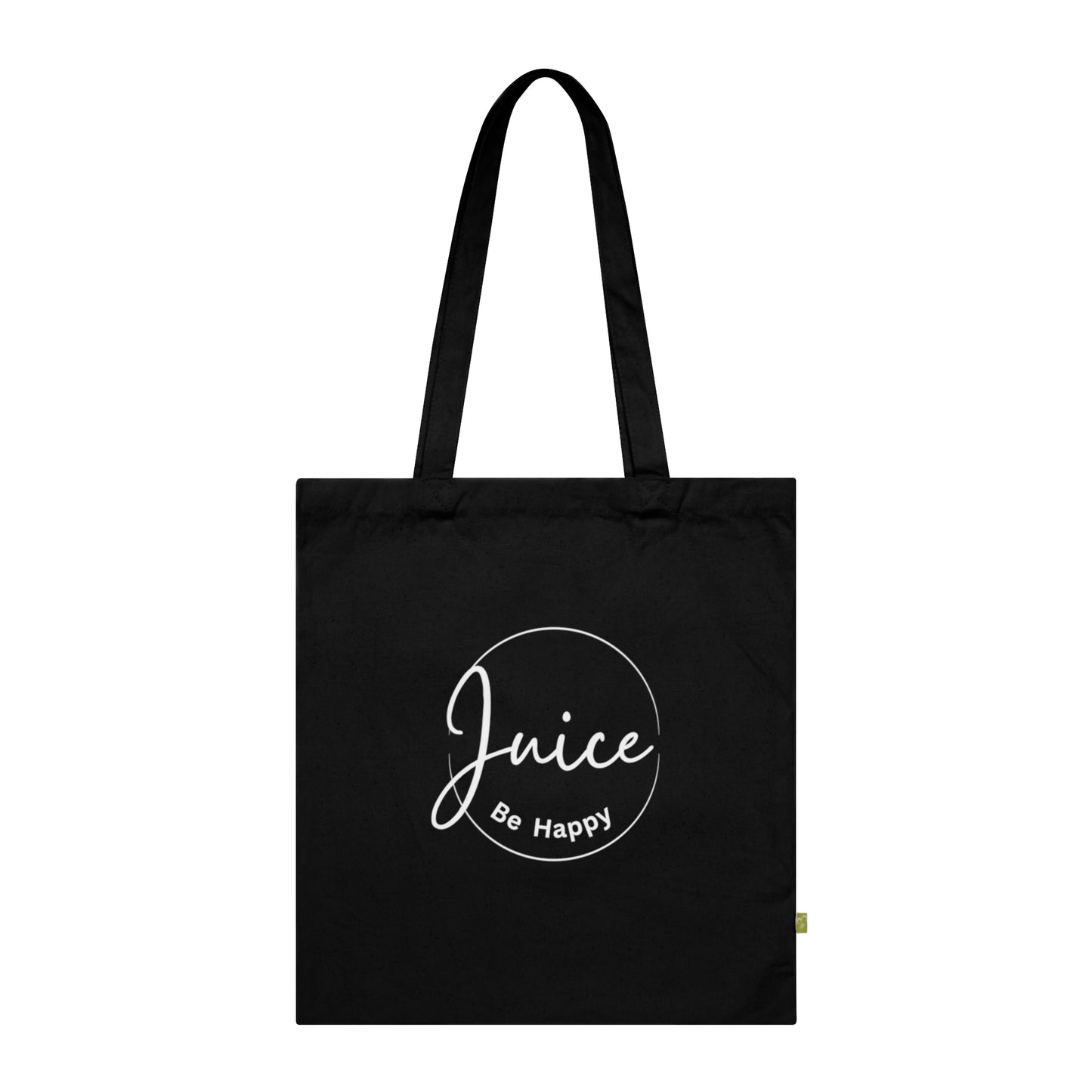Black tote bag with 'Juice Be Happy' text on a white background