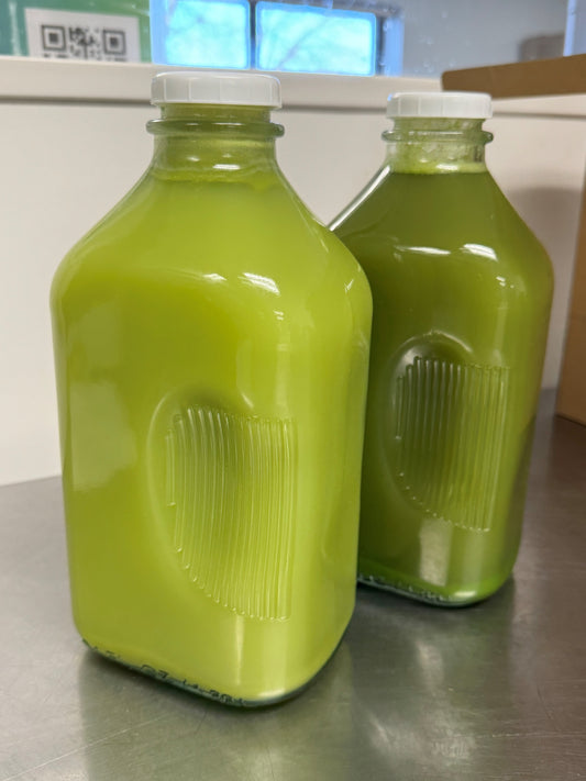 Juice Be Happy Fig Tree  64oz cold pressed juice in a reusable glass gallon bottle, made fresh from your favorite blend for family sharing, weekly wellness, and Eco-friendly living.