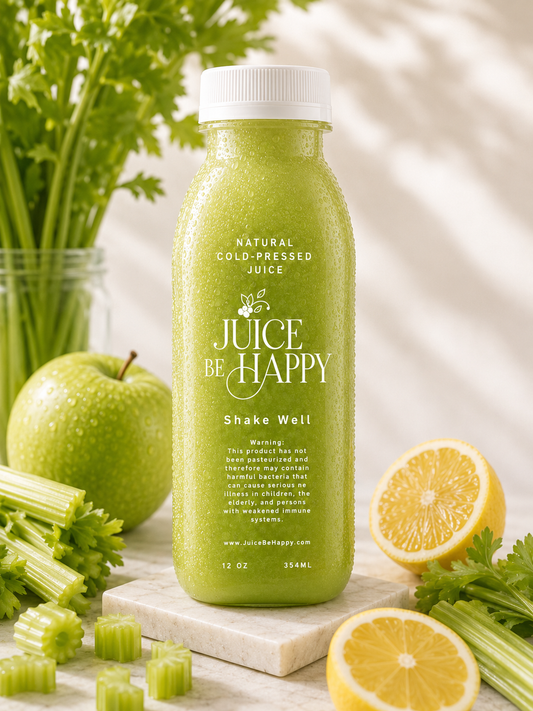Green juice bottle labeled 'Juice Be Happy' with fruits and vegetables on a light background