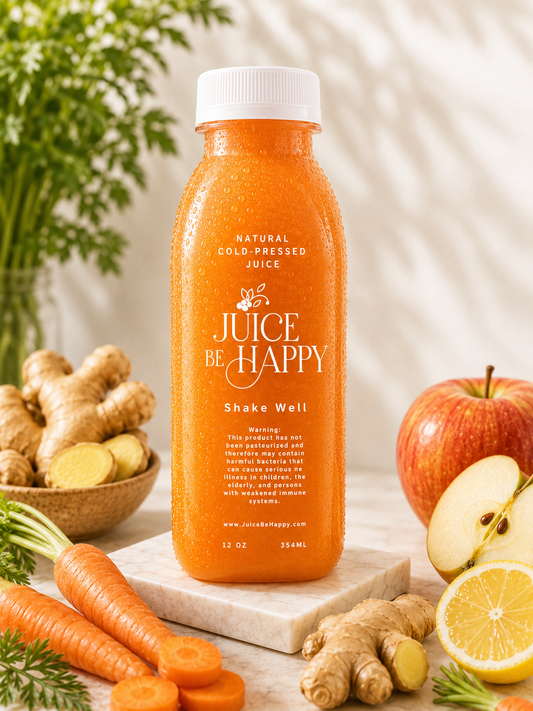Orange juice bottle labeled 'Juice Be Happy' with fresh vegetables and fruits on a wooden surface.