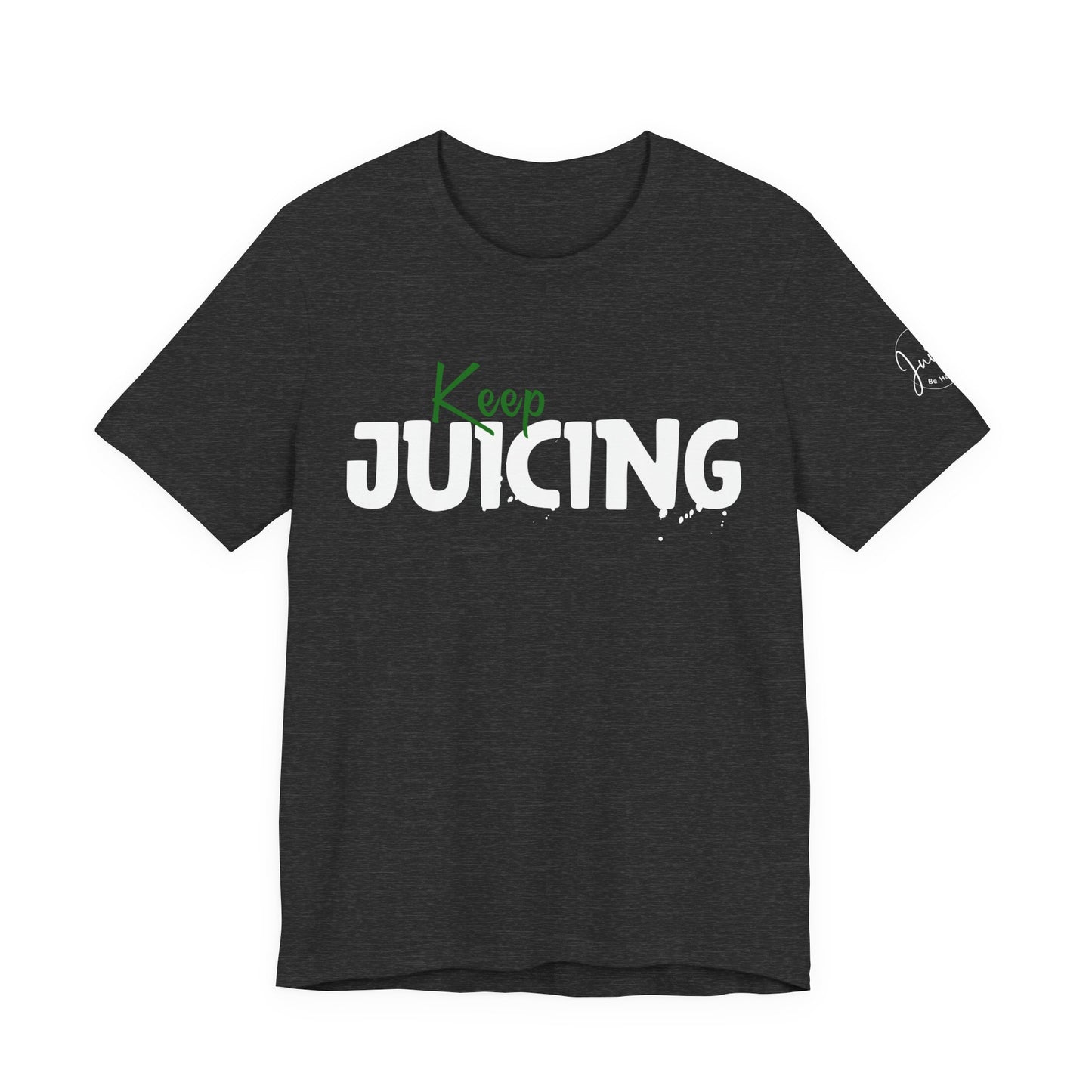 Black t-shirt with 'Keep Juicing' text on a white background