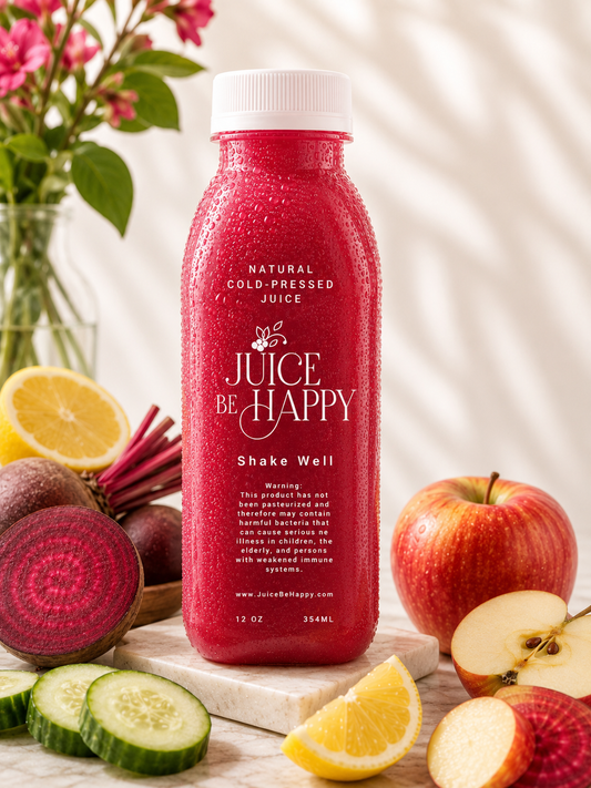 Red juice bottle labeled 'Juice Be Happy' surrounded by fruits and vegetables on a wooden surface.