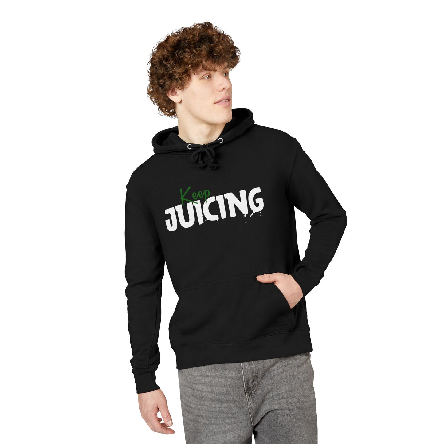 Person wearing a black hoodie with 'Keep Juicing' text on a white background