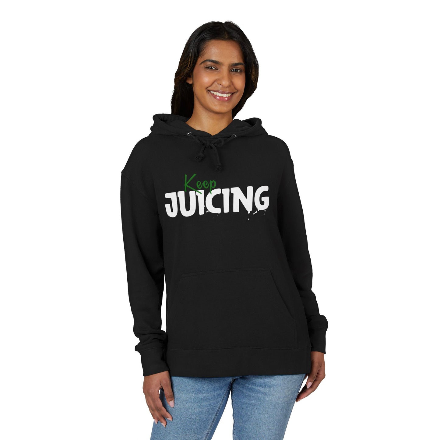 Woman wearing a black hoodie with 'Keep Juicing' text on a white background
